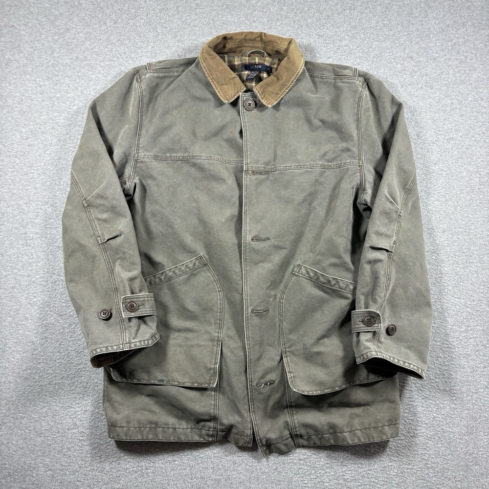 Vintage 90s J Crew Barn Jacket Canvas Chore Coat Corduroy Plaid Lined M Green